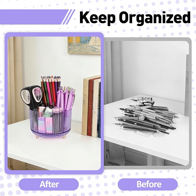 360 Rotating Pen Pencil Holder for Desk, Pen Organizer with 5 Slots, Makeup Brush Holder, Desk Organizer and Accessories, Cute Pencil Cup Caddy for Office School Home Decor Art Supply (Purple)