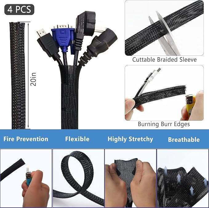 ELII 300PCS White Cable Management Kit,4 Cable Sleeve 35 Cable Clips | 11Cord Holders,20 Roll Cable Organizer Straps,200 Fastening Cable Ties,20 Cable Zip Tie Mounts for Under Desk