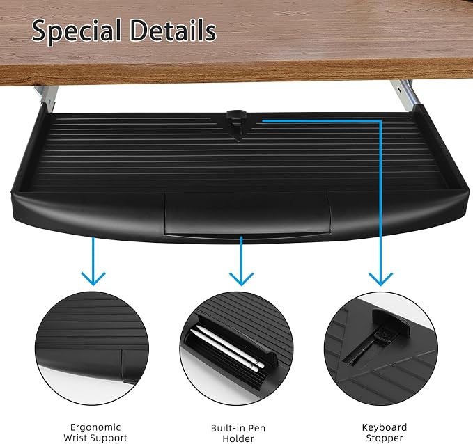 22"Wx11"D Under Desk Keyboard Tray Slide Out, Pull Out Keyboard Tray for Desk, Keyboard Holder Under Desk,Sturdy Keyboard Shelf Under Desk, Black Keyboard Drawer Desk Extender