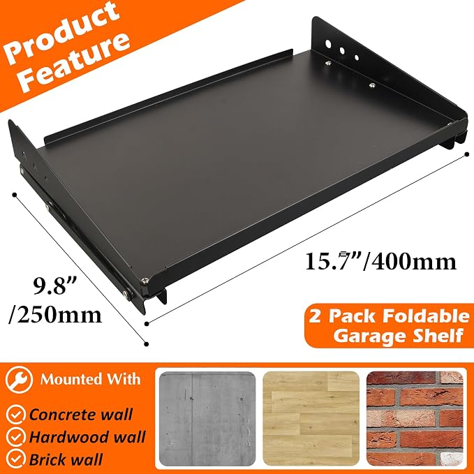 MUTUACTOR Heavy Duty Wall Mounted Shelf,2-Pack Wall Storage Shelves for Garage Storage,15.7” Foldable Metal Shelves Wall Mounted for Garage,Kitchen,Laundry Room,Workshop