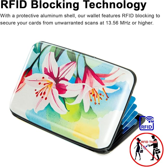 Credit Card Holder, Metal Card Wallet RFID Blocking Mini Slim Aluminum Business Hard Card Case for Women Men (Watercolor Lilies)