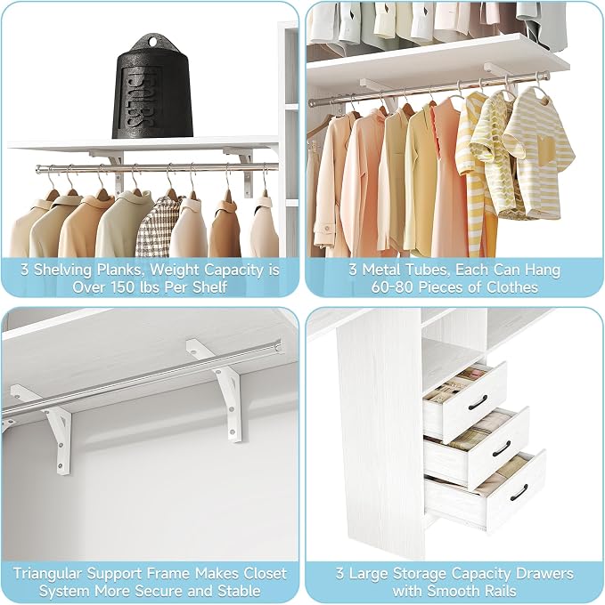 8FT Closet System, 96'' Closet Organizer System with 3 Hanging Rods, Wall Mount Bedroom Wardrobe with 3 Drawers Walk-in Closet, Adjustable Cloth Garment Rack from 5 to 8FT (Cut to Fit), Oak&White