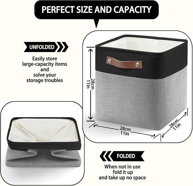 Patvingot Fabric Storage Cubes 11", 4 Pack, with PU Pull Handles,Foldable | For accessories on cube shelves or in closets; reinforced opening, pull-out access, folds flat when empty,dark and gray