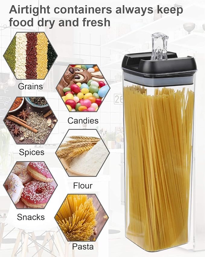 Set of 7 Airtight Food Storage Containers - Pantry Organizer Bins, BPA Free Plastic Containers plus Dry Erase Marker and Labels, Black