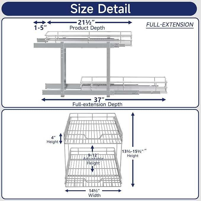 2-Tier Pull Out Cabinet Organizer, 14.5" W x 21.5" D, Heavy Duty Dual Slide Out Shelves for Base Cabinets, Chrome Wire Basket Drawer for Pantry, Kitchen & Bathroom Storage