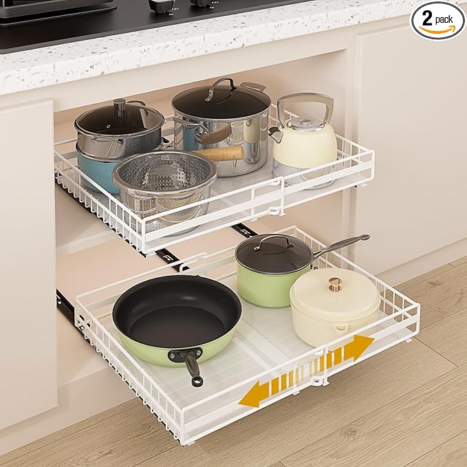 REALINN 2 Pack Pull Out Cabinet Organizer, Expandable(12"-20") Slide Out Drawers 3 Slide Rails Fix with Adhesive or Screw, Roll Out Shelves for Kitchen Cabinet Organization, White