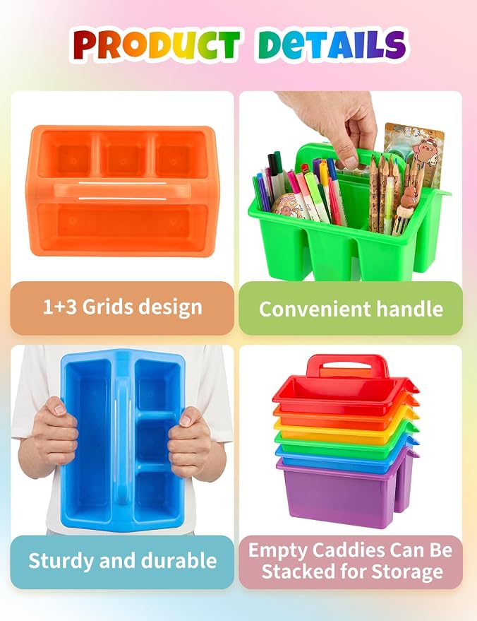 6 Pack Classroom Caddy Organizer with Handle, Table Caddy Classroom | 4 Compartments, 9×6.3×6.7 inches, Thick Durable PP Plastic, Built-in Handle, Stackable Design, for Classroom Desk Office Home
