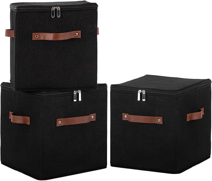 11inch Storage Boxes Cubes with Zipper Lid Collapsible Fabric Lidded Storage Bins Baskets PU Leather Handle Cotton Linen Decorative Shelf Closet Organizer Container (Black, 3PCS)