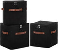 11inch Storage Boxes Cubes with Zipper Lid Collapsible Fabric Lidded Storage Bins Baskets PU Leather Handle Cotton Linen Decorative Shelf Closet Organizer Container (Black, 3PCS)