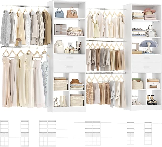 Besiost Closet System, 7.4ft-10ft with 4 Wooden Drawers and 5 Hanging Rods, Can Fit 88 to 123 inch Walk-in Closet System, White