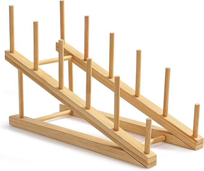HBlife Step Bamboo Wooden Dish Drying Rack Kitchen Plate Display Stand | Plate/Dish/Book/File/Bowl/Cup/Cutting Board/Pot Lid Organizer, For Home & Kitchen Counter, Office, Display Cabinet