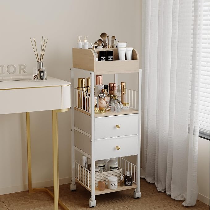Floor Makeup Organizer Storage Cart Rolling Makeup Cart with Drawers | Make Up Organizers and Storage for Skincare Cosmetics Display Cases Holder for Skin Care Nail Polish Perfume Makeup Brush