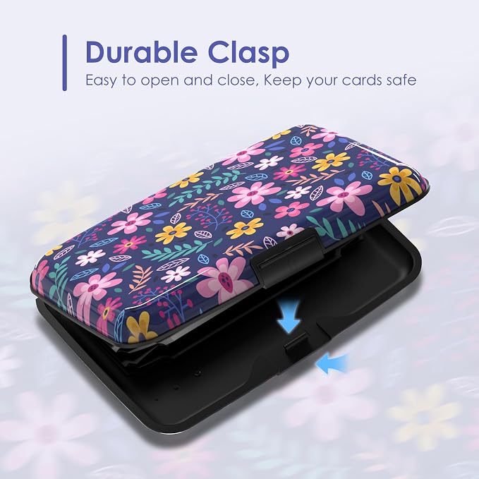 Credit Card Holder Small, Cute Floral Flowers RFID Blocking Wallet Business Travel Metal Slim Mini Aluminum Hard Case for Women Men