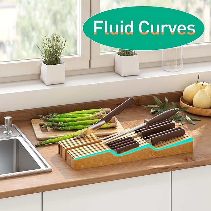 Knife Drawer Organizer (Natural, 12 Knives + 1 Sharpening Steel) | Bamboo Wood Drawer Knife Organizer, Bamboo Wood Block Organizer, Protecting Knife Organizer Block