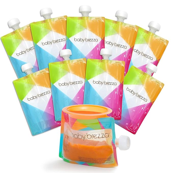 Baby Brezza Reusable Baby Food Storage Pouches,7oz - Make Organic Food Puree for Kids or Toddlers and Store in Refillable Squeeze Pouches,Bulk Set is Freezer Safe & Washable,10 Count (Pack of 2)