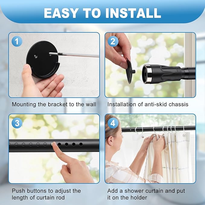 Tension Curtain Rod, 48 to 84 inch Adjustable Heavy Duty black shower curtain rod for bathroom Closet Windows