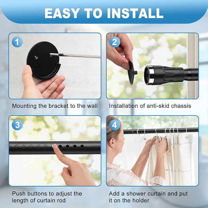 Tension Curtain Rod, 42 to 72 inch Adjustable Heavy Duty black shower curtain rod for bathroom Closet Windows