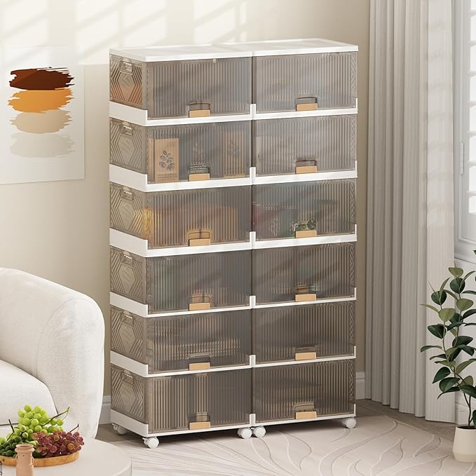 Giantex 5 Tier Stackable Storage Bins with Lids, 22.5 Gal Foldable Shoe Storage Box with Detachable Wheels & Flip-Up Doors, Collapsible Closet Organizers and Storage Bins