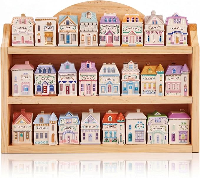 Chunful Vintage Spice Jar Wooden Rack Beige Natural 3-tier Spice Shelf for 24 Jars, Village Style Wall Mounting Kitchen Storage Decorative Hanging Display Rack, Shelf Only