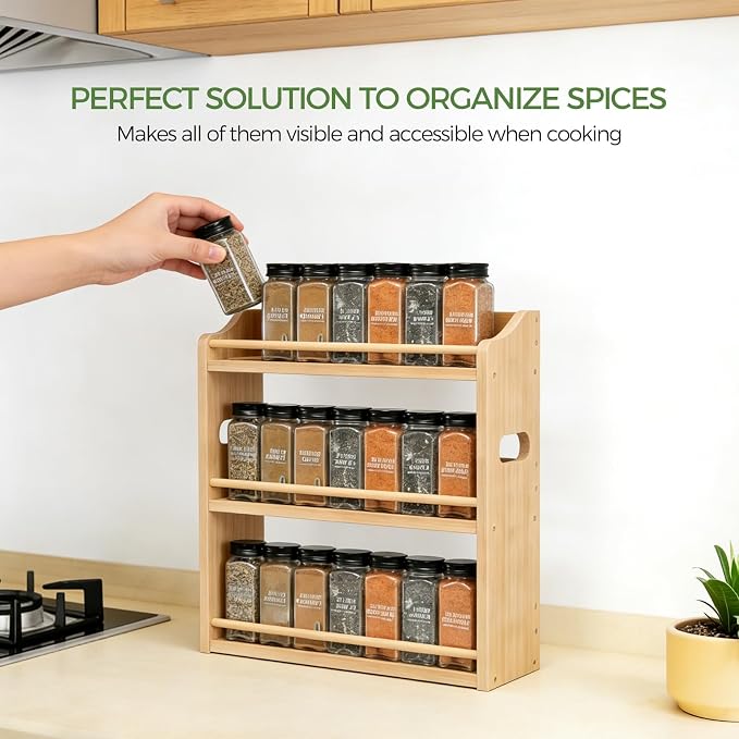 3 Tier Bamboo Spice Rack, Spices Storage Shelf with Handles, Seasoning Jars Organizer for Kitchen Counter or Wall Mounting