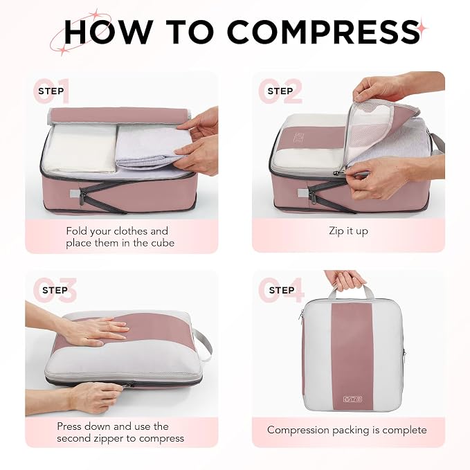 OlarHike 10 Set Compression Packing Cubes for Travel Essentials,Compressible Expandable Space Saver Bags for Organizing Clothes,Luggage Suitcase Garment Bags with Over 1000 pcs Mesh Holes(Light Coral)