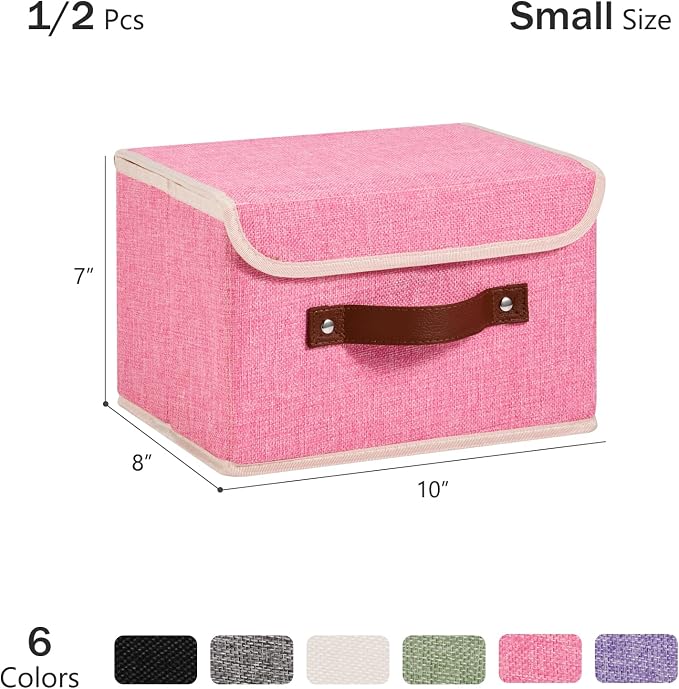 2PCS Storage Bins Box with Lids Decorative Cotton Linen Fabric Baskets Cubes with Handles PP Plastic Board Foldable Washable Lidded Clothing Shelf Closet Organizer Container (Pink, Small)