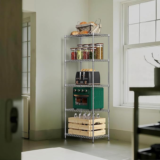 M MZG 1250 lbs 5 Tier Shelf Metal Storage Shelves Wire Rack Closet Organizers with Wheel for Garage Kitchen Bathroom Laundry Chrome 13.7" D x 23.6" W x 62.4" H