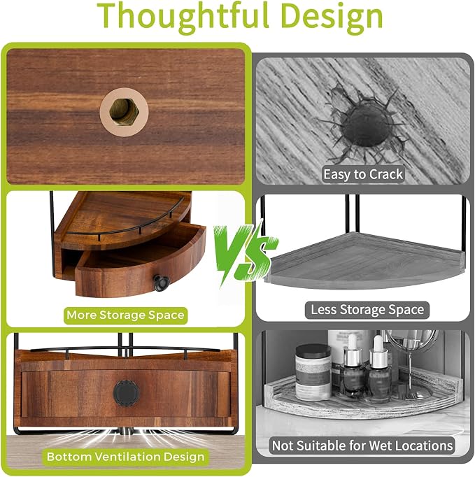 2-Tier Corner Bathroom Counter Organizer with Drawer, Acacia Wood-Brown | Embedded Screw Holes, Wooden Countertop Organizers, Space-Saving, Bottom Ventilation Design, Counter Shelf for Vanity