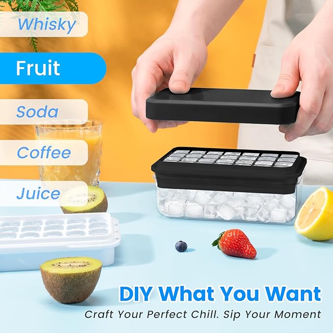 0.8“ Ice Cube Tray with Lid and Bin, PHINOX 84 Cubes Ice Trays for Freezer, Ice Cube Trays for Freezer with 3 trays, Container, Lid & Ice Scoop, BPA Free, Black(28Cubes/Tier)