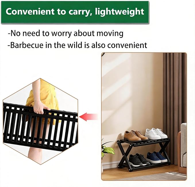 2 Tier Bamboo Shoe Rack Black,Portable Folding Shoe Storage Rack,Without Installation Small Shoe Rack Perfect for Corridors, Bedrooms and Small Spaces