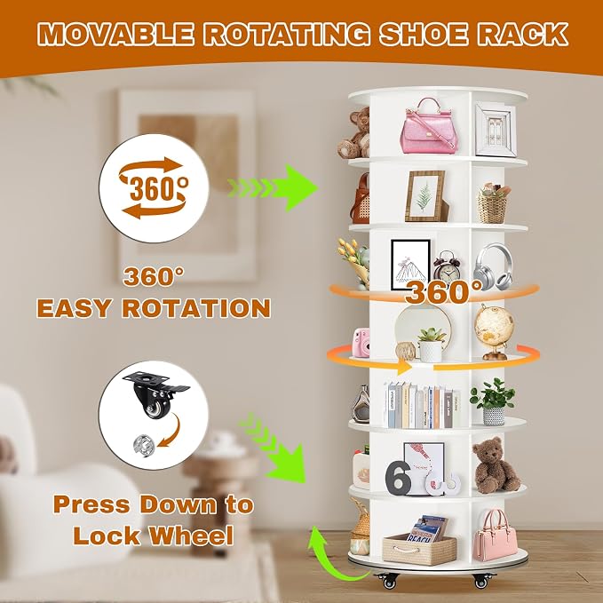 7 Tier Rotating Shoe Rack with 4 Universal Wheels, 360° Revolving Free Standing Shoe Organizer, Multifunctional Storage Revolving Shoe Rack Tower, Spinning Shoe Racks Display Lazy Susan Equipped