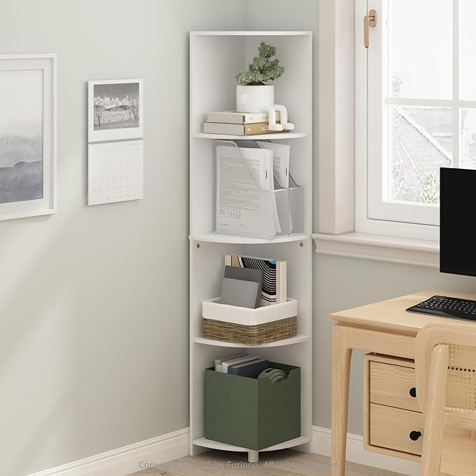 Furinno Basic Book Shelf, 4-Tier Bookshelf, Bookcase with Corner Shelf, 12 x 12 x 57.1, for Living Room, Bedroom, Home Office, White