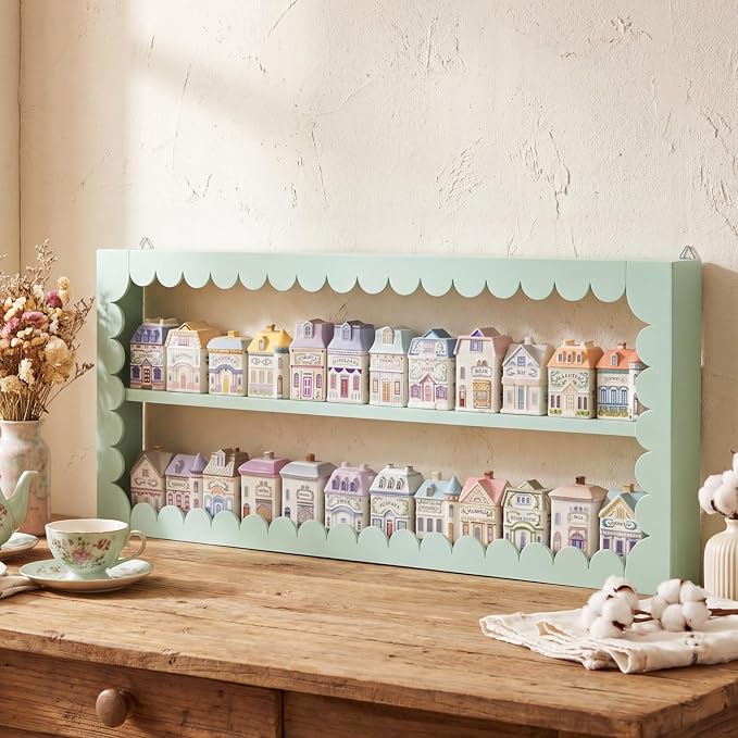 Chunful Vintage Spice Jar Wooden Rack Green Scalloped Aesthetic Spice Shelf for 24 Jars, Village Style Wall Mounting Kitchen Storage Decorative Hanging Display Rack, Shelf Only