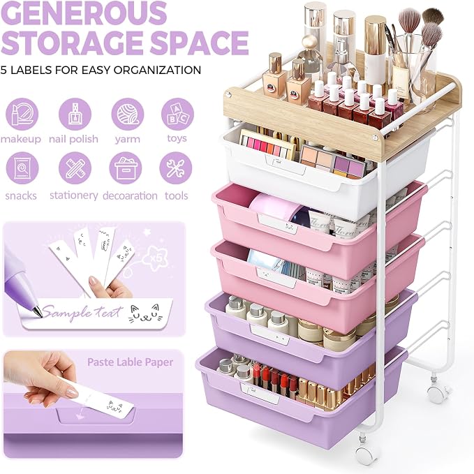 SYKIARIOL Rolling Storage Utility Cart with 5 Drawers,Craft Cart with Wheels,Makeup Organizer,Art Supply and Storage Wooden Tabletop,Purple