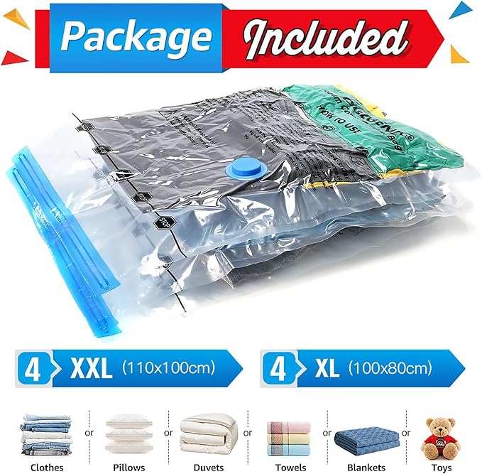 BoxLegend Set of 8 Vacuum Storage Bags, Vacuum Bags for Clothing, Vacuum Cleaner, Travel Camping Compression Bag, Reusable for Mattresses, Tents, Clothes, Duvets, Bedding, Pillows