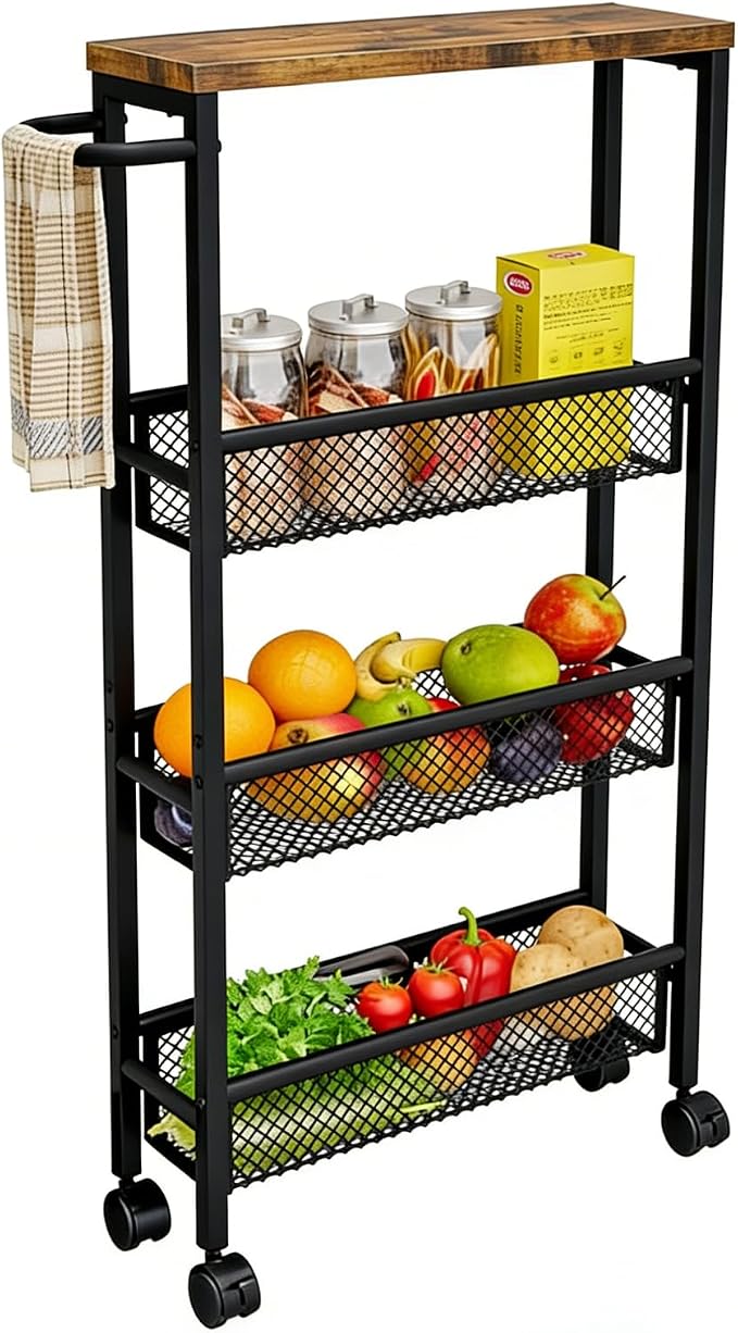 AZERPIAN Slim Rolling Cart 4 Tier Narrow Storage Cart on Wheels with Metal Handle for Kitchen Dining Living Home Office Laundry Room