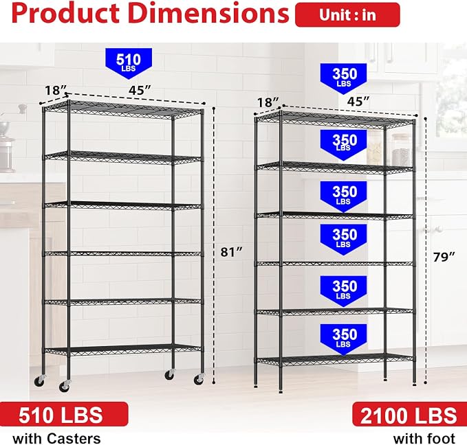 PayLessHere | 6-Tier Wire Shelf with Wheels | 45"x18"x82" | Black | Adjustable Racks | Heavy-Duty Storage Shelves, Holds Upto 510 lbs | Rust-Resistant, No-Tool Assembly | for Home, Garage Shelving