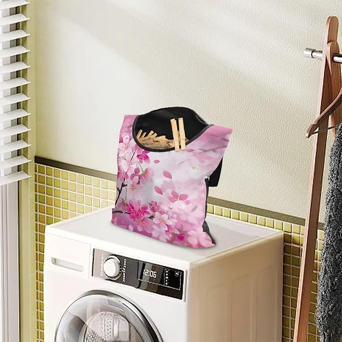 Cherry Blossom Clothespin Bag Space-Saving Laundry Hanging Storage Organizer Clothes Pin Hanging Bag with Rope Holds 100 Clothes Pins for Clothesline Outdoor Clothespin Accessory Bag