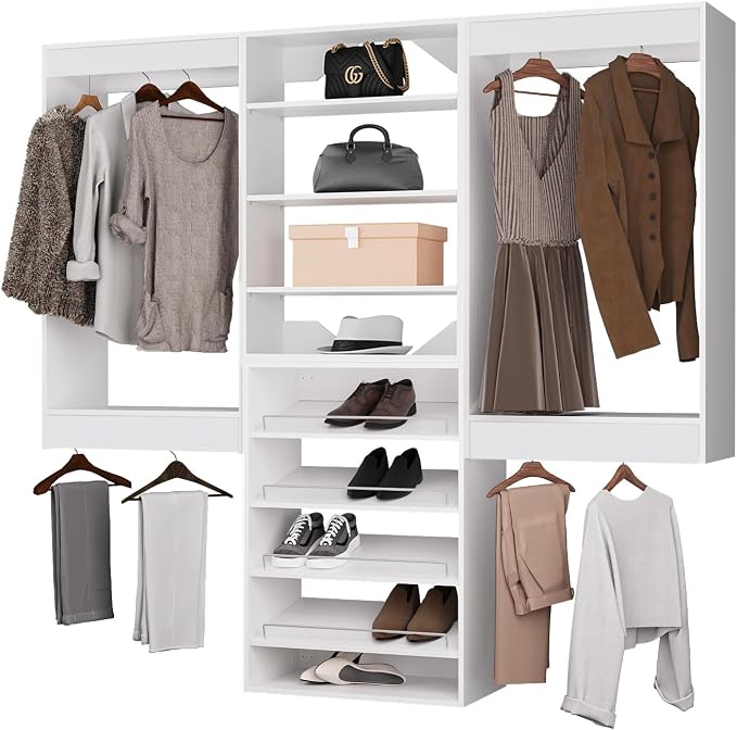 ROOMTEC Modular Closet System, 84" Wall Mounted Closet Organizer with Hanging Rods and Shoe Shelf, Wooden Tower for Walk-In Closets, Wardrobe Storage Kit, White