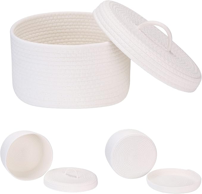 Sea Team Round Cotton Rope Storage Basket with Lid, Lidded Woven Storage Bin, Nursery Storage Container, Diaper Caddy, Baby Shower Basket, Box, Organizer, 11.8 x 11.8 x 6.7 Inches (Medium, White)
