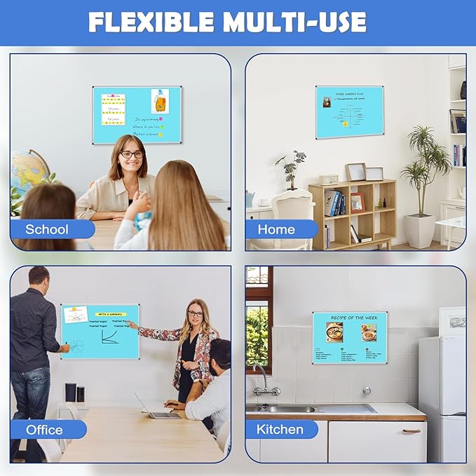WALGLASS Magnetic Whiteboard 24"x18" Dry Erase White Board for Walls with Pen Tray, Aluminium Frame and Dry-Wipe Writing Surface for School, Home, and Office (Blue)