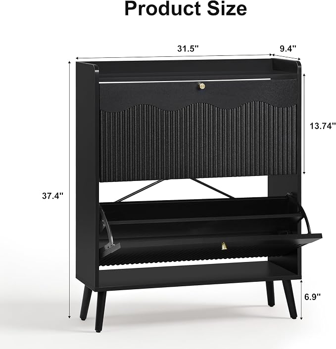 BERRYMERRY 31.5” Fluted Shoe Cabinet Storage with 2 Flip Drawers,Freestanding Narrow Shoe Storage Organizer Cabinet with Wave Profile for Entryway,Hallway,Living Room (2 Drawers Black)