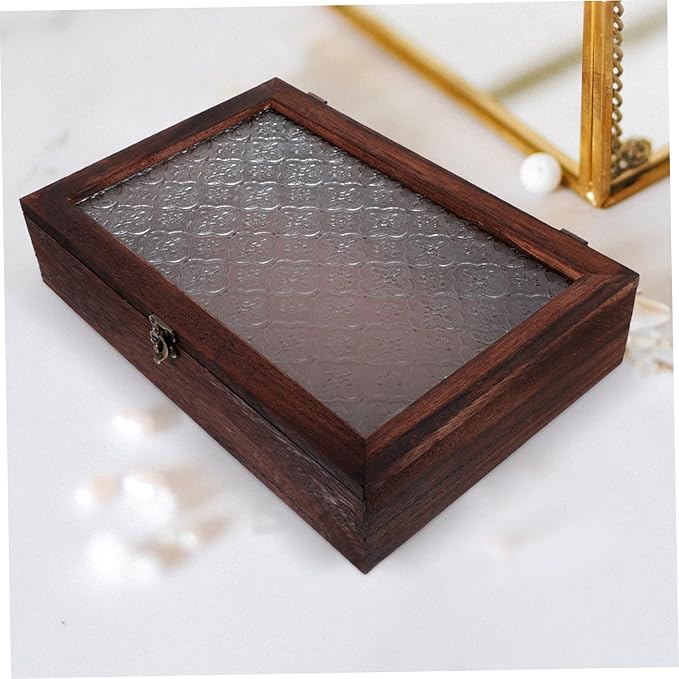 GLEAVI Vintage Wooden Storage Box with Glass Lid Elegant Organizer for Jewelry and Desktop Sundries Large Minimalist Design for Home Decor and Office Use