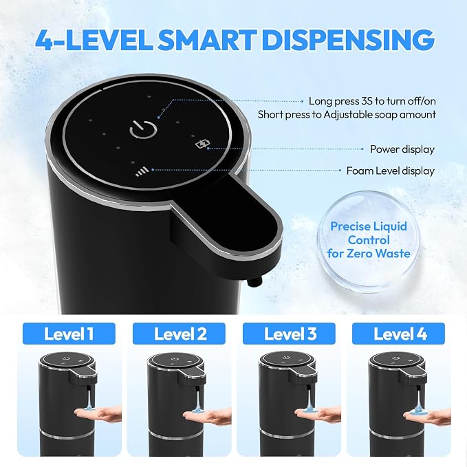 Automatic Soap Dispenser Touchless,Liquid Hand Soap Dispenser 12.8oz USB 4levels Adjustable Dispenser Electric Wall Mounted Smart for Bathroom and Kitchen Dish Soap，Easy for Toddlers(Black)