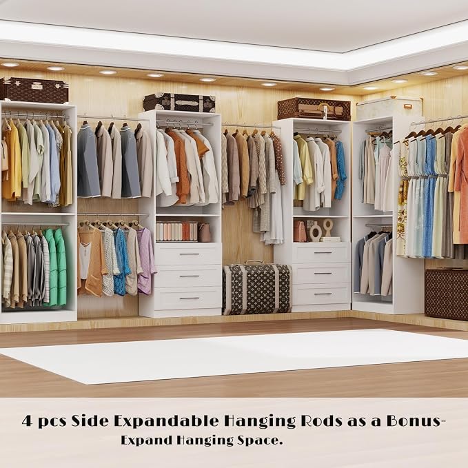Closet System with 4 Sets, 8FT-21FT Closet Organizer Systems with 6 Wooden Drawers & 10 Hanging Rods, Walk in Closet Freestanding Corner Closet System Modular Closet System White (8FT)