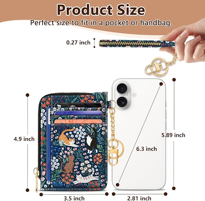 Giancomics Slim Wallet Credit Card Holder Women, Cute Cats Flowers Rfid Blocking Small Card Case, Keychain Thin Pocket Curved Zipper Wallet, Travel Card Holder PU Leather ID Window, Ladies Female Gift