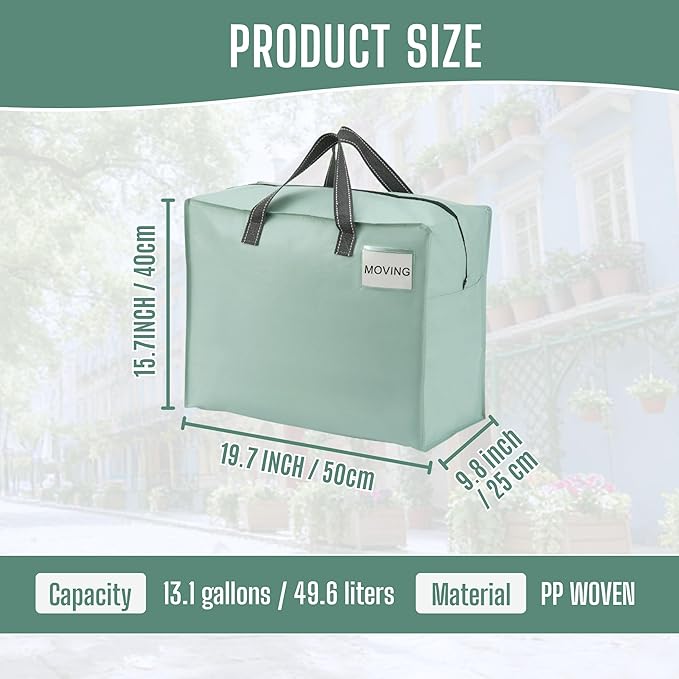 VENO 4 Pack Heavy Duty Moving Bags, Storage Bags, Packing Supplies, Top Zipper, Storage Totes for Camping, Clothes, Bedding, Comforters, Pillows (13 Gallon Light Green, 4 Pack)