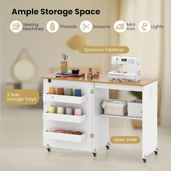 Giantex Folding Sewing Table with Charging Station, Storage Trays & Shelf | Rolling Craft Table with Lockable Wheels, Foldable Sewing Machine Cabinet Desk for Small Spaces, Dorms, White & Natural