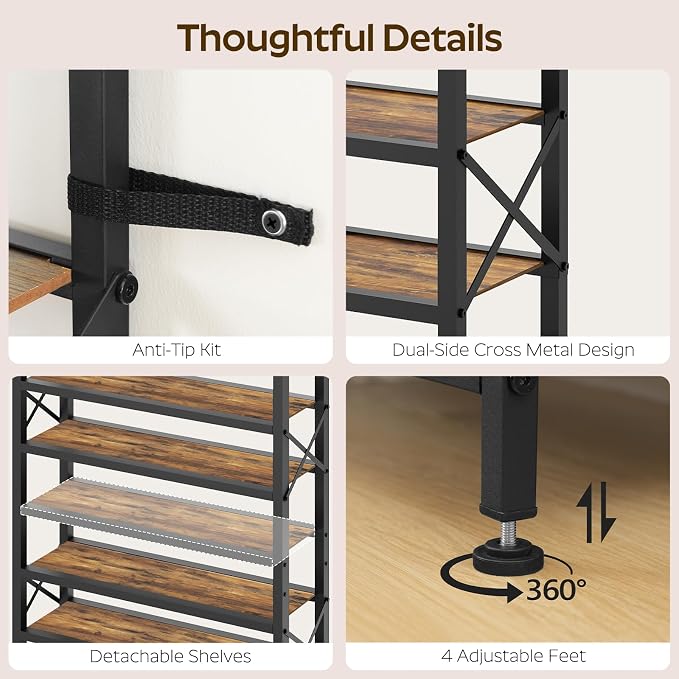YATINEY 10-Tier Tall Shoe Rack Organizer, Wooden Shoe Storage for Closet Holds 40 Pairs, Sturdy Shoe Shelf with X-Shaped Metal Support, for Entryway, Bedroom, Rustic Brown and Black SS210BR