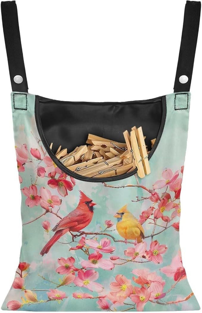 Bird Cherry Blossom Large Capacity 14.5 x 12 Inch Clothespin Bag with Hanging Hook Waterproof Clothes Pin Hanging Bag Clothespin Storage Organizer with Large Opening
